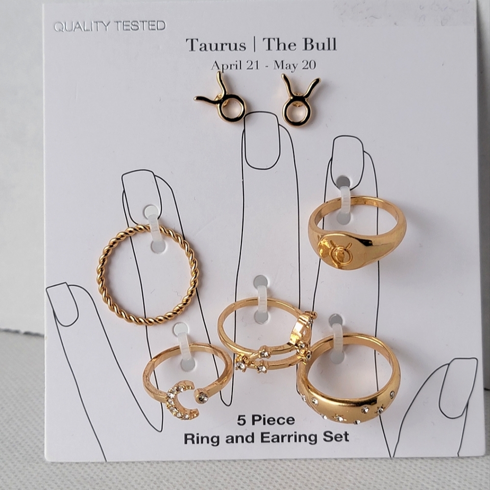 Taurus Zodiac 5 Piece Ring and Earring Set